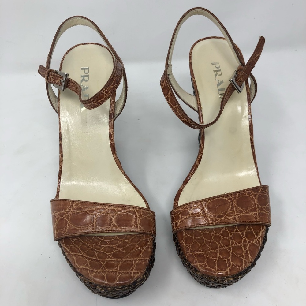 Prada raffia and croc embossed leather wedges - Picture 2 of 7